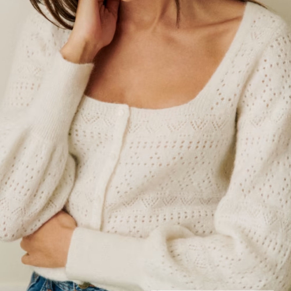 Sezane Cream Open-Knit Mohair-Blend Cardigan with Balloon Sleeves - Picture 3 of 5